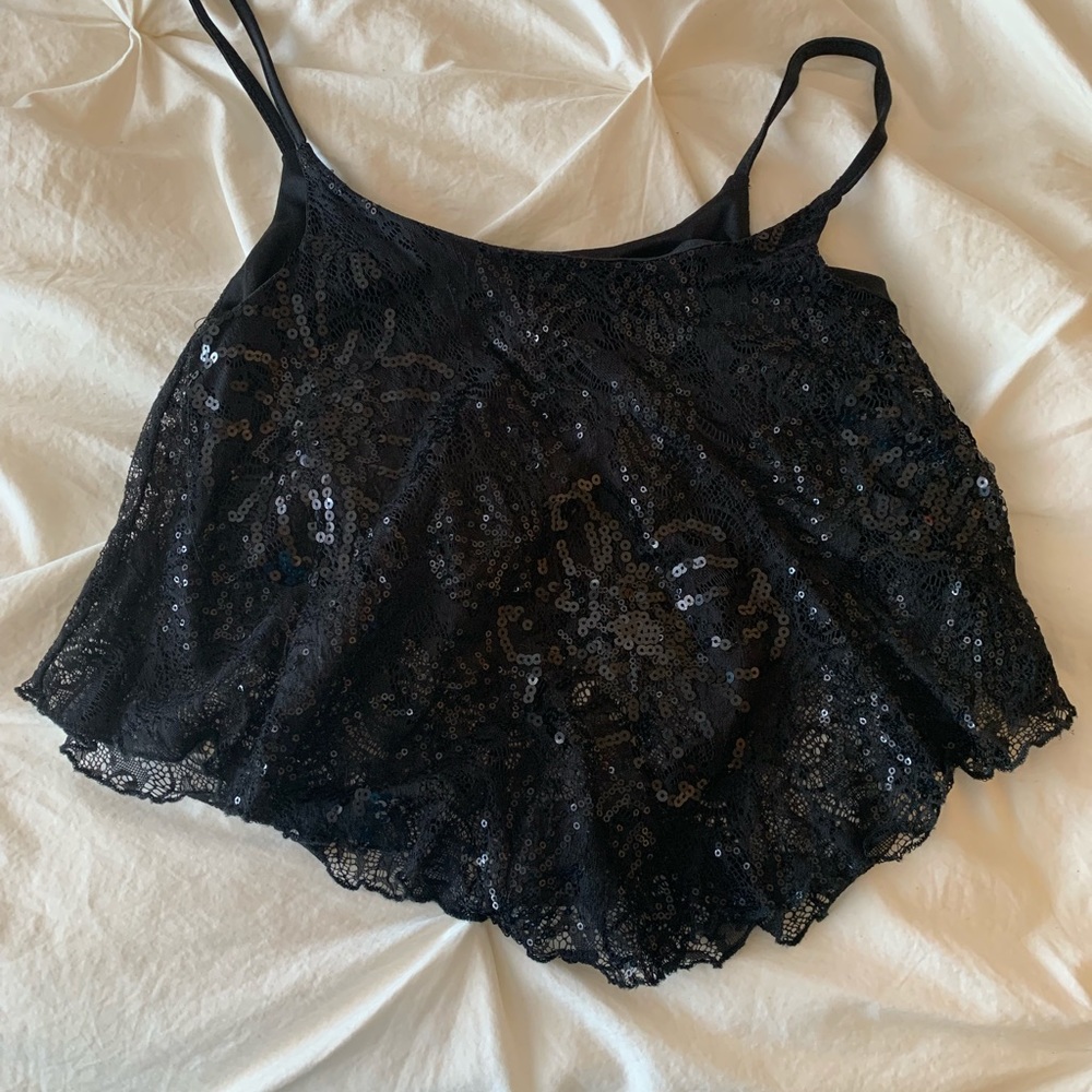Black sequin lace crop top